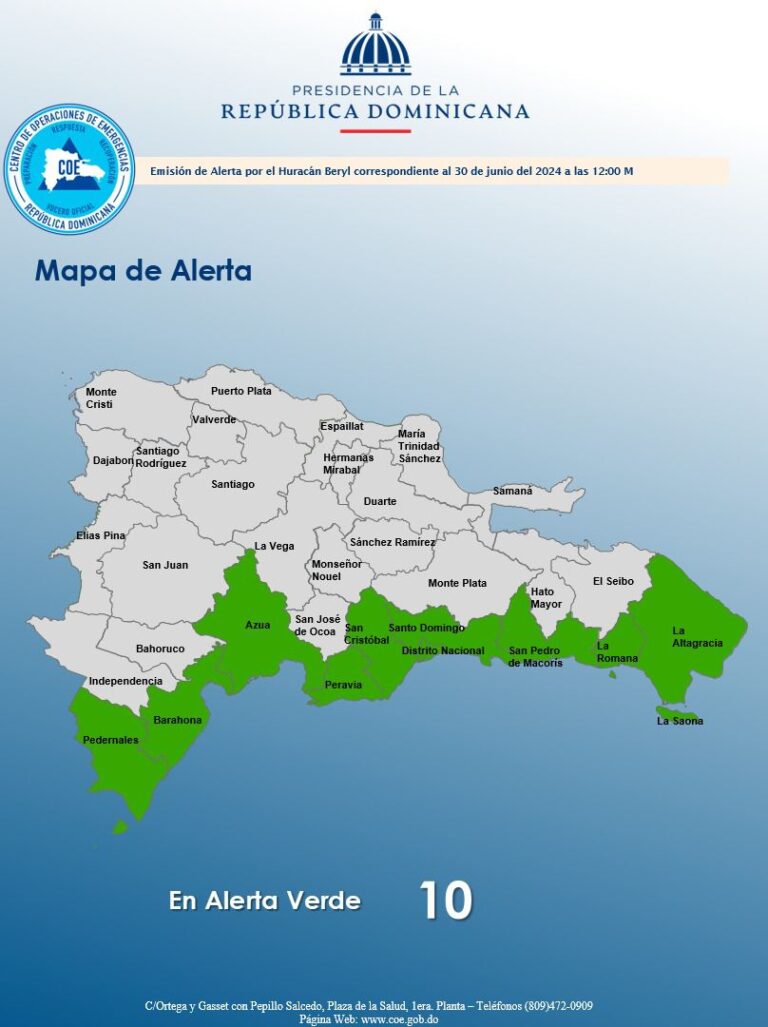 COE emite alerta verde para 10 provincias ante el paso del huracán Beryl; presidente Abinader coordina medidas de prevención