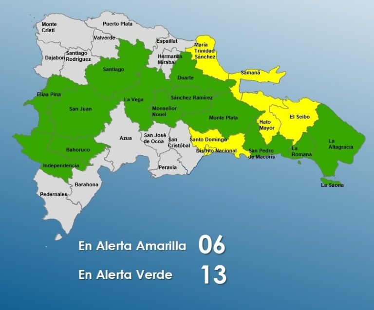 COE emite alerta amarilla para 6 provincias y alerta verde para 13 ante inestabilidad atmosférica en RD