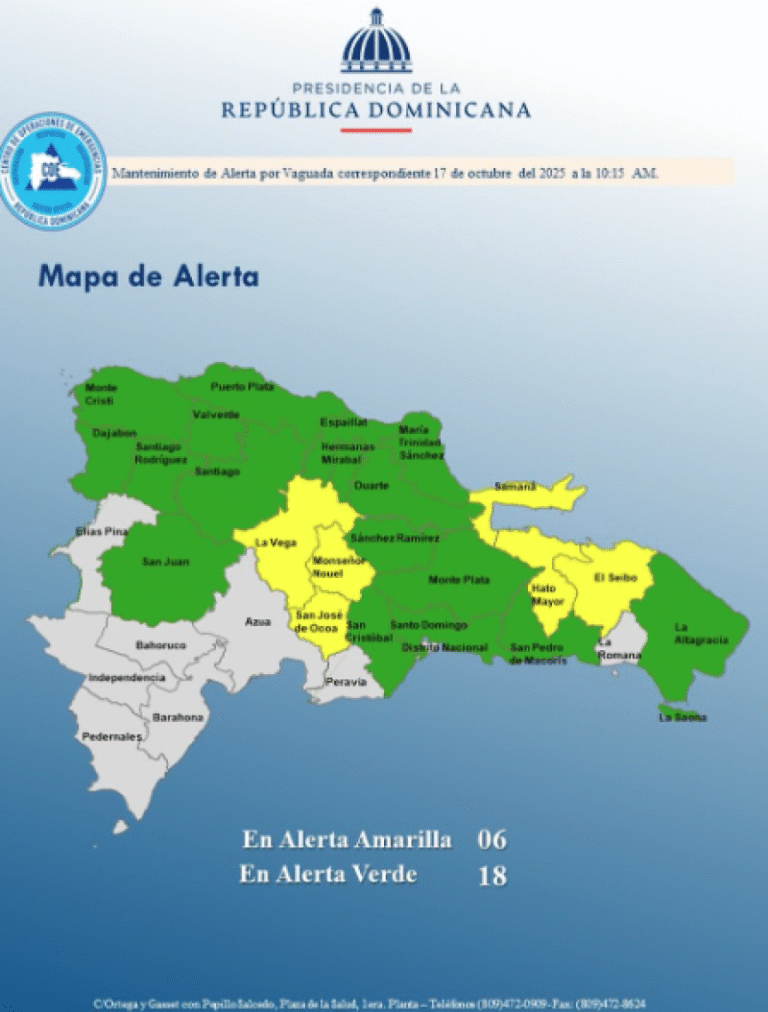 COE mantiene 6 provincias en alerta amarilla y 18 en verde