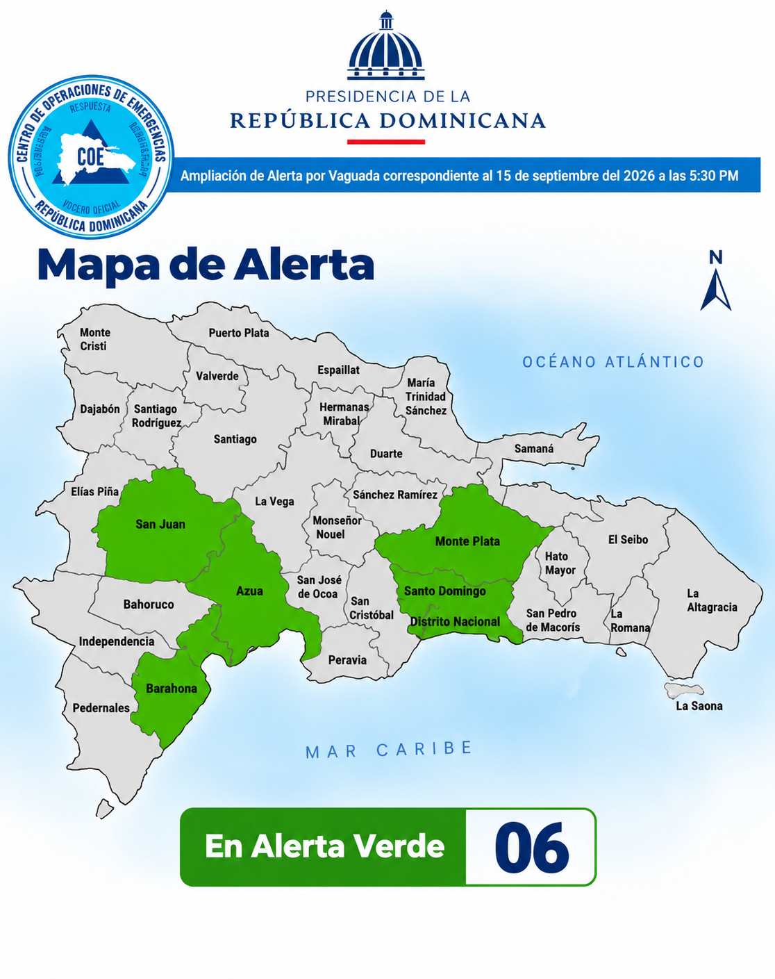 COE coloca seis provincias en alerta verde por vaguada; prevén aguaceros fuertes y tormentas eléctricas