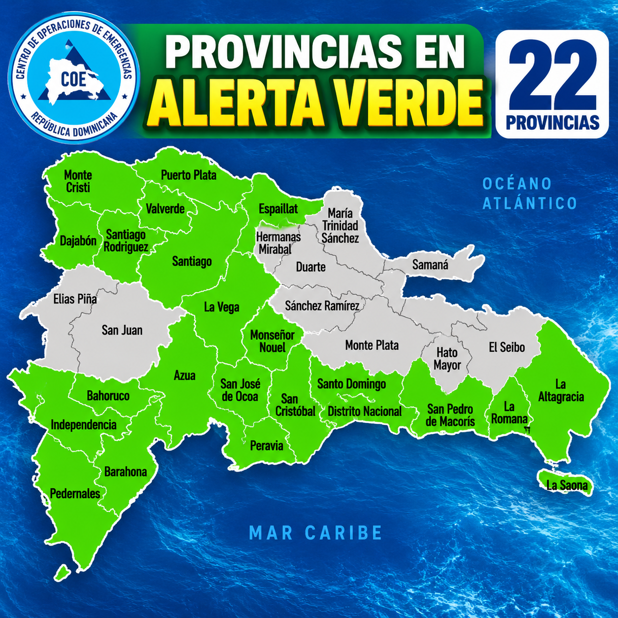 COE coloca 22 provincias en alerta verde ante pronóstico de hasta 200 milímetros de lluvia